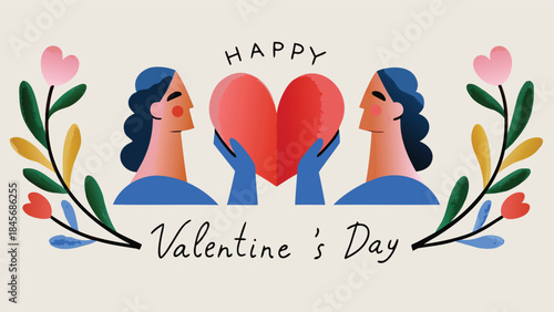 Minimal couple silhouette holding heart on valentine's day with flowers, a sweet and simple romantic illustration