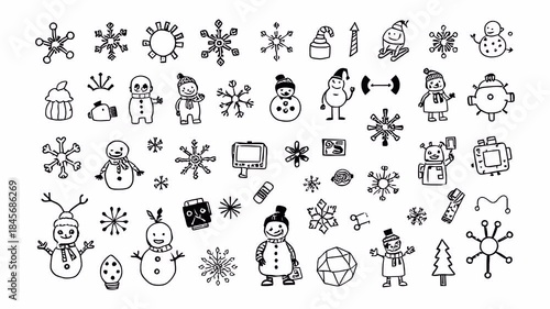 Hand-drawn doodle animation with alpha channel on transparent background featuring winter robots, snowmen and creative holiday symbols.