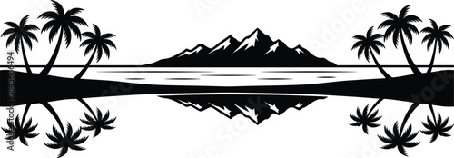 Surfing Festival Banner Vector | Tropical Palm Tree and Ocean Silhouette Illustration