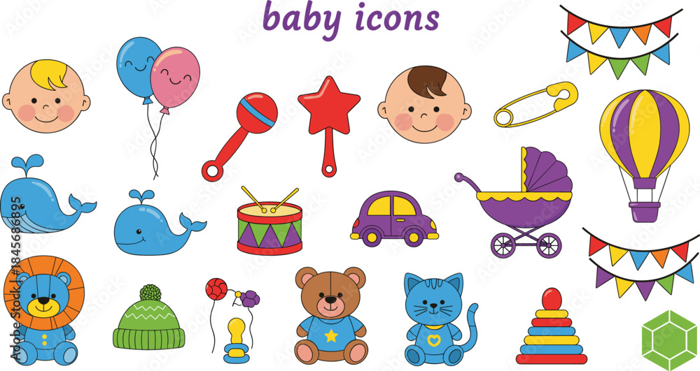 Obraz premium Cute Baby Icons Vector Collection Featuring Newborn Heads, Stroller, Rattle, Toy Drum, and Balloons for Shower Invitation and Nursery Design