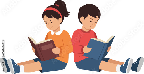 Two children sitting and reading books enjoying stories and learning together