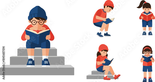 Diverse Children Enjoying Books Outdoors and Indoors Promoting Literacy and Education