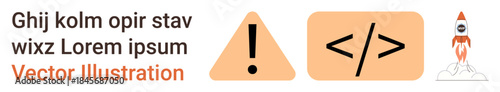 Technology, web development, innovation, risk management, startup growth, digital tools. Warning sign, code symbol and rocket illustration. Web development and innovation