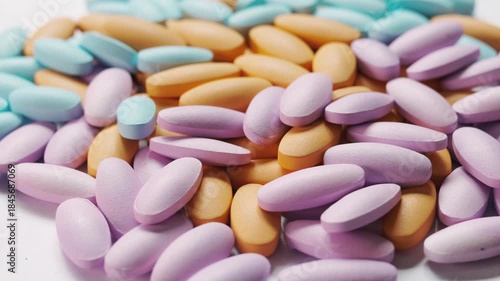 Close up, top-down video of colorful pastel tablets�vitamins or supplements�rotating slowly on a clean white background. This shows concept of healthcare, pharmacy, wellness, and medical treatment.
