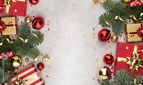  Festive christmas border design with red and gold gifts pine branches ornaments and sparkling confetti on a light background on transparent background with copy space