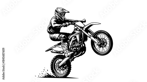 Motocross Rider Performing Wheelie Stunt – Extreme Dirt Bike Action Silhouette Illustration