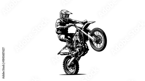 Motocross Rider Performing Wheelie Stunt – Extreme Dirt Bike Action Silhouette Illustration