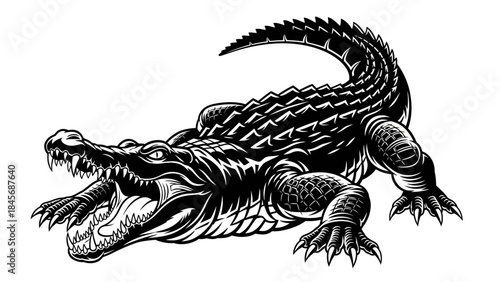 Ferocious Crocodile Alligator Illustration – Wild Reptile Predator Black Ink Artwork