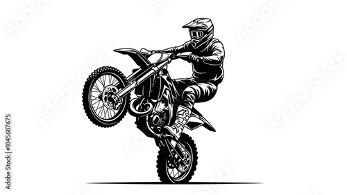 Motocross Rider Performing Wheelie Stunt – Extreme Dirt Bike Action Silhouette Illustration