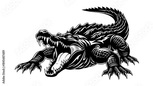 Ferocious Crocodile Alligator Illustration – Wild Reptile Predator Black Ink Artwork