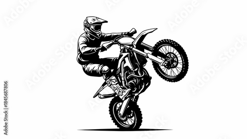 Motocross Rider Performing Wheelie Stunt – Extreme Dirt Bike Action Silhouette Illustration