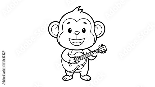 Cute Cartoon Monkey Playing Guitar Line Art – Smiling Animal Music Outline Illustration
