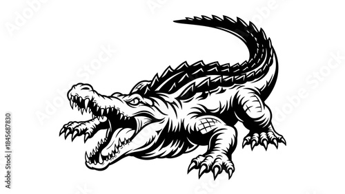 Ferocious Crocodile Alligator Illustration – Wild Reptile Predator Black Ink Artwork