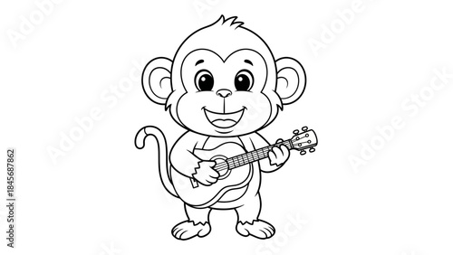 Cute Cartoon Monkey Playing Guitar Line Art – Smiling Animal Music Outline Illustration