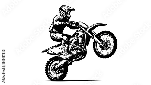 Motocross Rider Performing Wheelie Stunt – Extreme Dirt Bike Action Silhouette Illustration