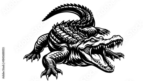 Ferocious Crocodile Alligator Illustration – Wild Reptile Predator Black Ink Artwork