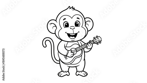 Cute Cartoon Monkey Playing Guitar Line Art – Smiling Animal Music Outline Illustration