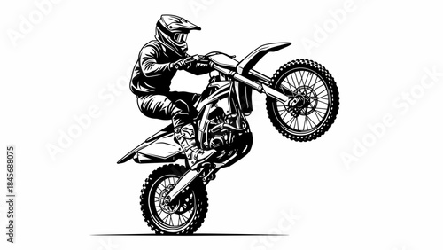 Motocross Rider Performing Wheelie Stunt – Extreme Dirt Bike Action Silhouette Illustration