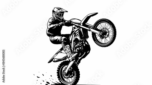 Motocross Rider Performing Wheelie Stunt – Extreme Dirt Bike Action Silhouette Illustration