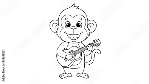 Cute Cartoon Monkey Playing Guitar Line Art – Smiling Animal Music Outline Illustration
