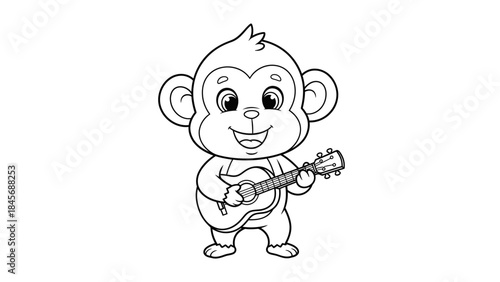 Cute Cartoon Monkey Playing Guitar Line Art – Smiling Animal Music Outline Illustration