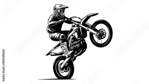 Motocross Rider Performing Wheelie Stunt – Extreme Dirt Bike Action Silhouette Illustration