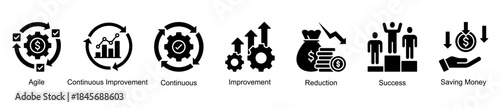 Agile and continuous improvement web banner icon vector illustration for lean transformation with agile workflow, continuous improvement, success, savings, improvements, and reduction icons.