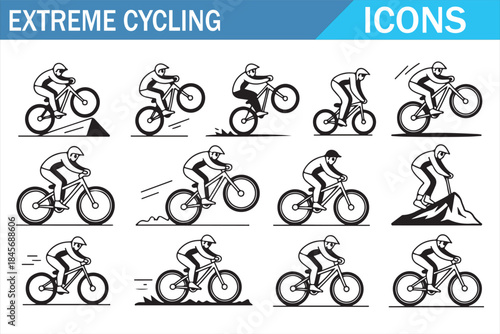 Cycling stunt and downhill bike icons set in line art style