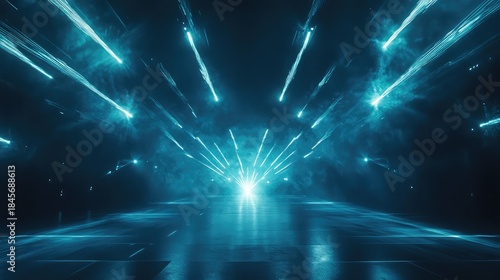 Fototapeta Naklejka Na Ścianę i Meble -  Light emitting a powerful blue glow from a distant point, creating a futuristic pathway with bright streaks and atmospheric mist, symbolizing data transfer and advanced technology
