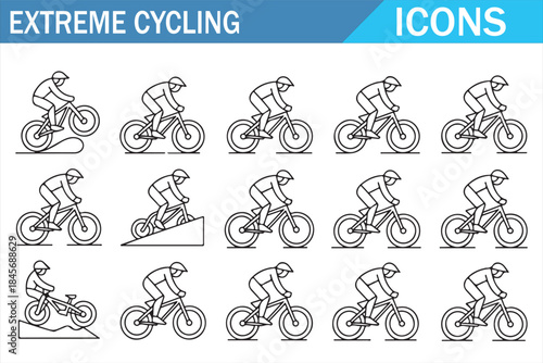 Extreme cycling icons set with mountain bike stunts in outline style