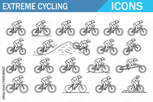 Extreme cycling and mountain bike stunt icons set with riders performing jumps, tricks and downhill actions in outline style for sports branding, training graphics, adventure design and outdoor projec