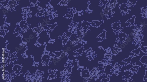 Seamless dinosaur doodle pattern panning animation on purple background.