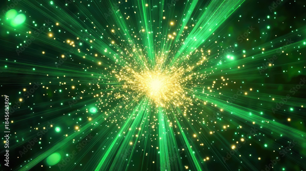 Obraz premium Abstract background showing bright yellow dots radiating outward with dynamic green lines and shimmering particles, symbolizing energy, speed, technology, and connection