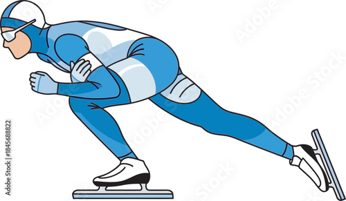 Vector illustration of a speed skater in a low, aerodynamic racing position, wearing a blue and white uniform, goggles, and a helmet. Ideal for competitive sports, winter themes, speed, and athletic.