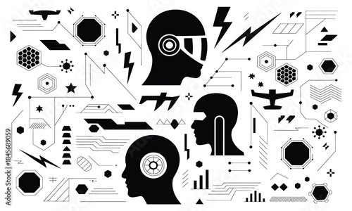 abstract futuristic technology elements vector illustration with geometric shapes and Ai concept, representing digital transformation, innovation, data science, and modern high tech background design.