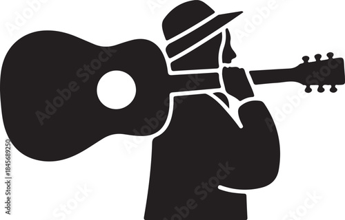 Silhouette of a Musician with Guitar: A musician carries his guitar over his shoulder, a simple yet evocative silhouette suggesting a journey filled with melodies.