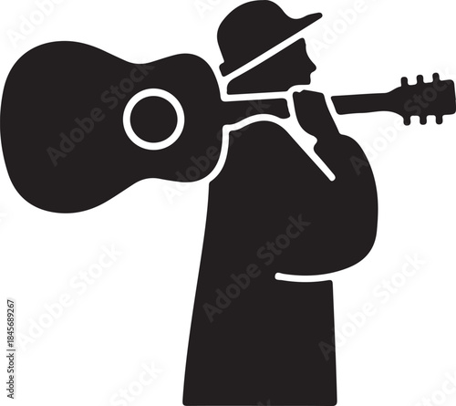 Harmony in Transit: A silhouette of a musician, bearing a guitar, strides forward, embodying the spirit of music and the journey it entails.