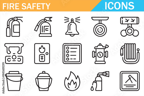 Emergency fire protection icons set in line art style