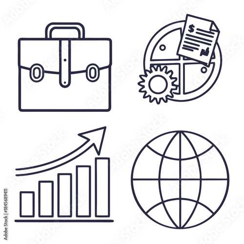 Minimal business icon set, clean outline stroke style, scalable SVG, transparent background, modern UI/UX, consistent line width