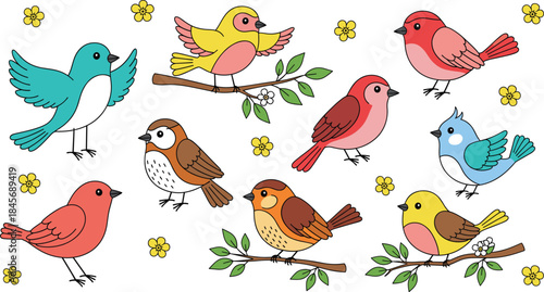 Cute Colorful Spring Birds Vector Collection Perched on Branches with Yellow Flowers and Green Leaves for Decoration and Kids' Design