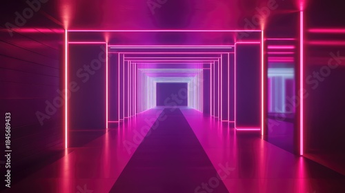 Fototapeta Naklejka Na Ścianę i Meble -  Abstract tunnel extending into the distance, illuminated by symmetrical neon light frames in vibrant pink and purple tones, creating a futuristic, cyber atmosphere with reflective surfaces