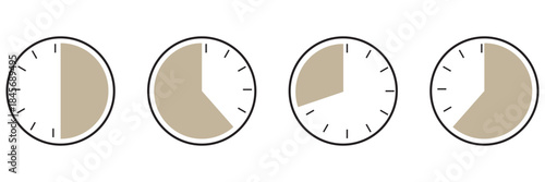 Set of round clocks faces, stopwatch with different time. Clock hands icons.Time simple graphic circle sign, symbol. Watch face illustration. Noon, morning, evening time watch patterns. Hour icon