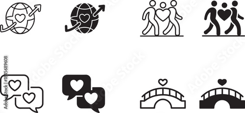 A collection of modern black and white love and connection icons for global communication and heartfelt relationships