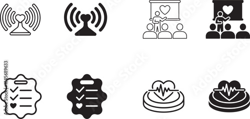 A collection of modern health and love related black and white vector icons for various design projects