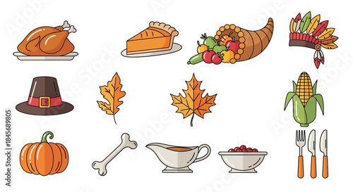 thanksgiving flat lay icons including turkey, pie, cornucopia, pilgrim hat, pumpkin, leaves, dog bone, gravy, cranberry sauce, corn on the cob, fork, knife, spoon on white background