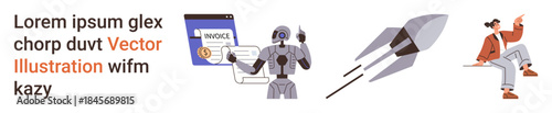 Artificial intelligence, digital finance, technological progress, automation, space exploration, innovation. Robot with invoice, rocket and person on chair. AI and digital finance visualization