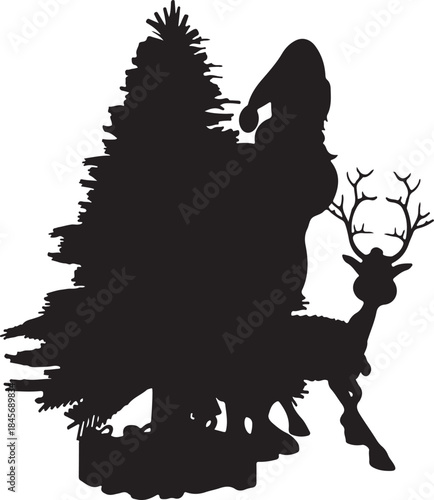 Christmas Silhouette Scene: A festive and detailed silhouette capturing a classic Christmas scene, featuring Santa Claus alongside a reindeer and a decorated Christmas tree.
