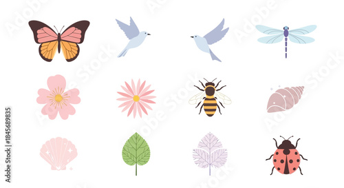 a colorful illustration of various insects and flowers on white background with leaves and petals