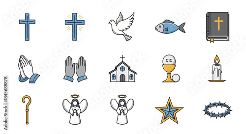 a collection of christian religious icons and symbols on white background