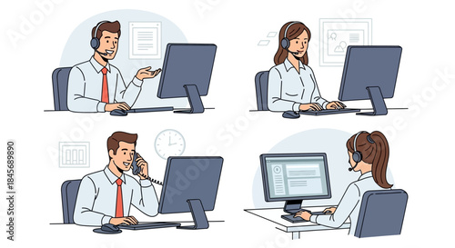 A collage of office workers engaged in various computer tasks and phone conversations in a modern workspace with a predominantly white and blue color scheme